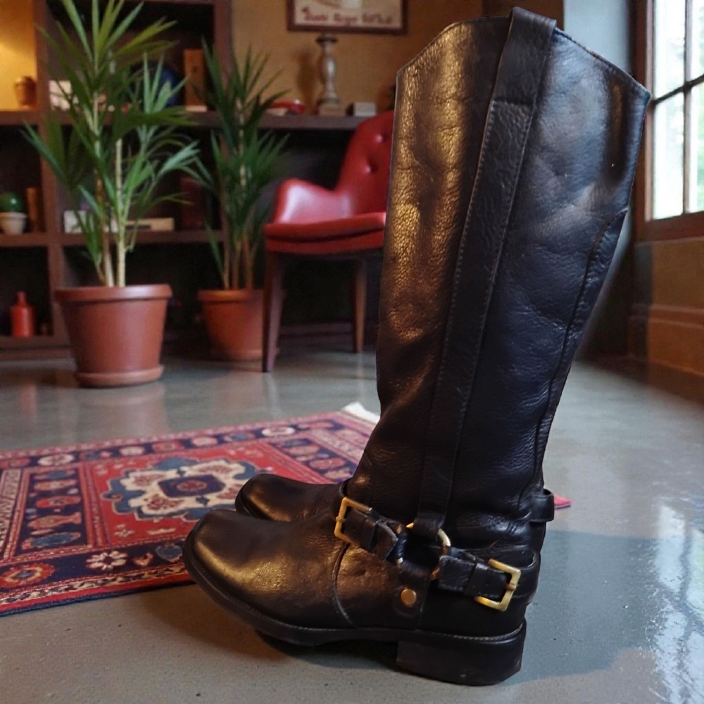 MIZ MOOZ - Women's Black Genuine Leather Buckle Knee High Riding Boots Size 8 - Picture 3 of 11
